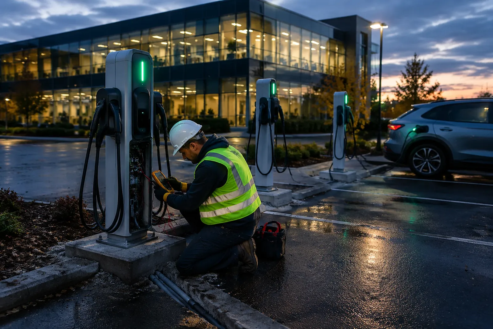 An electrician testing a newly installed commercial Level 2 EV charging station