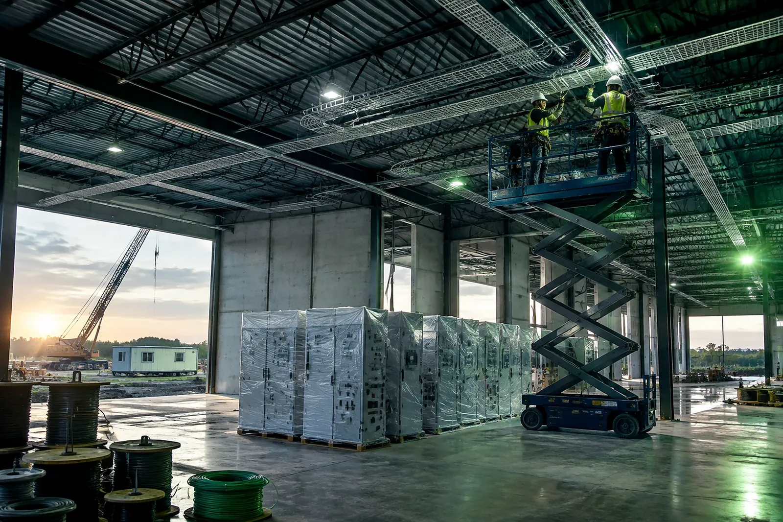 Electricians hanging cable tray and conduit inside a commercial building under construction