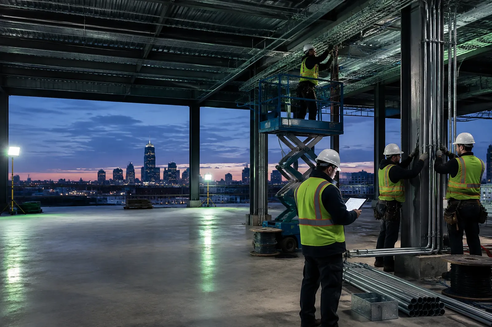LED Indy electricians running conduit and wire on a commercial new construction jobsite