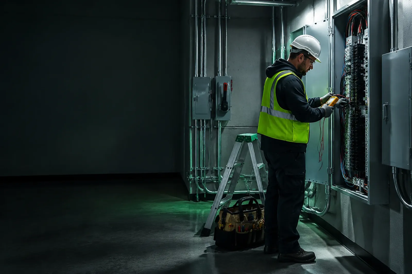 An electrician testing a breaker at an open commercial electrical panel