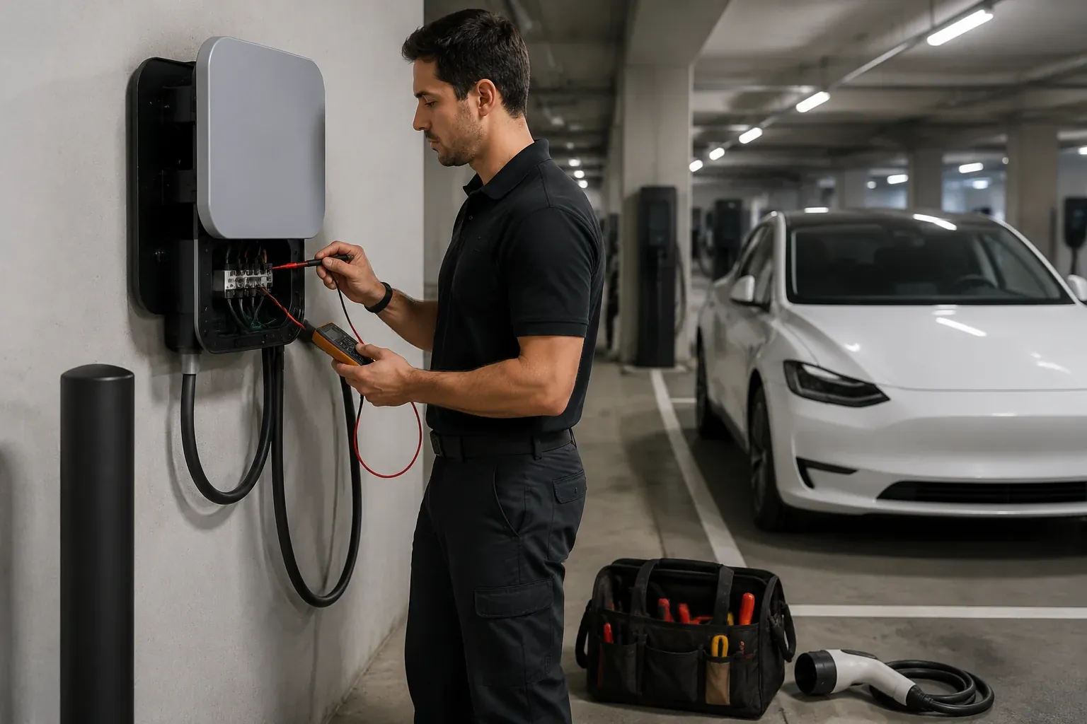 Commercial EV charging stations installed by LED Indy outside an Indianapolis office building
