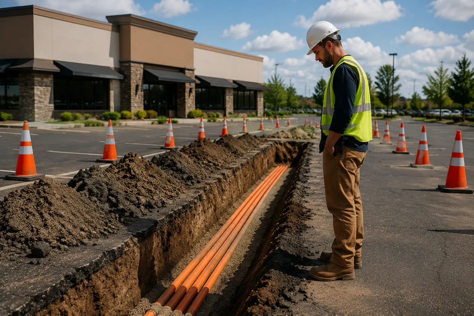 Commercial EV charging stations installed by LED Indy outside an Indianapolis office building