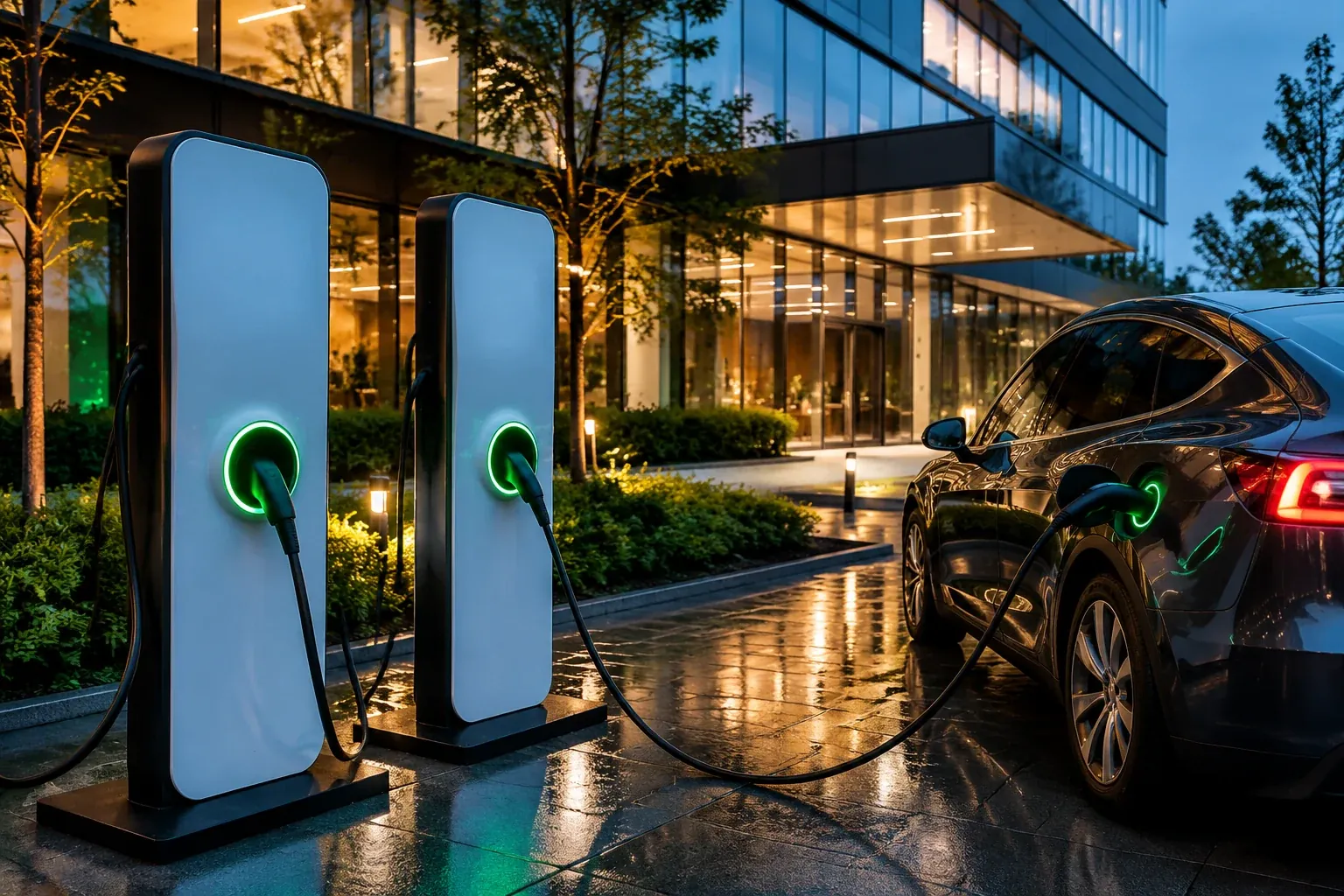 Commercial EV charging stations installed by LED Indy outside an Indianapolis office building