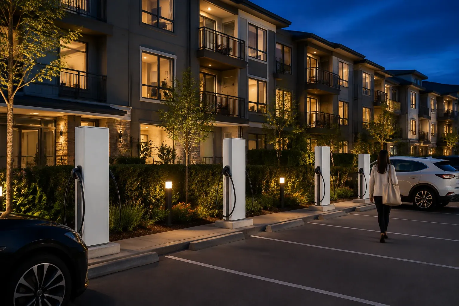 Commercial EV charging stations installed by LED Indy outside an Indianapolis office building