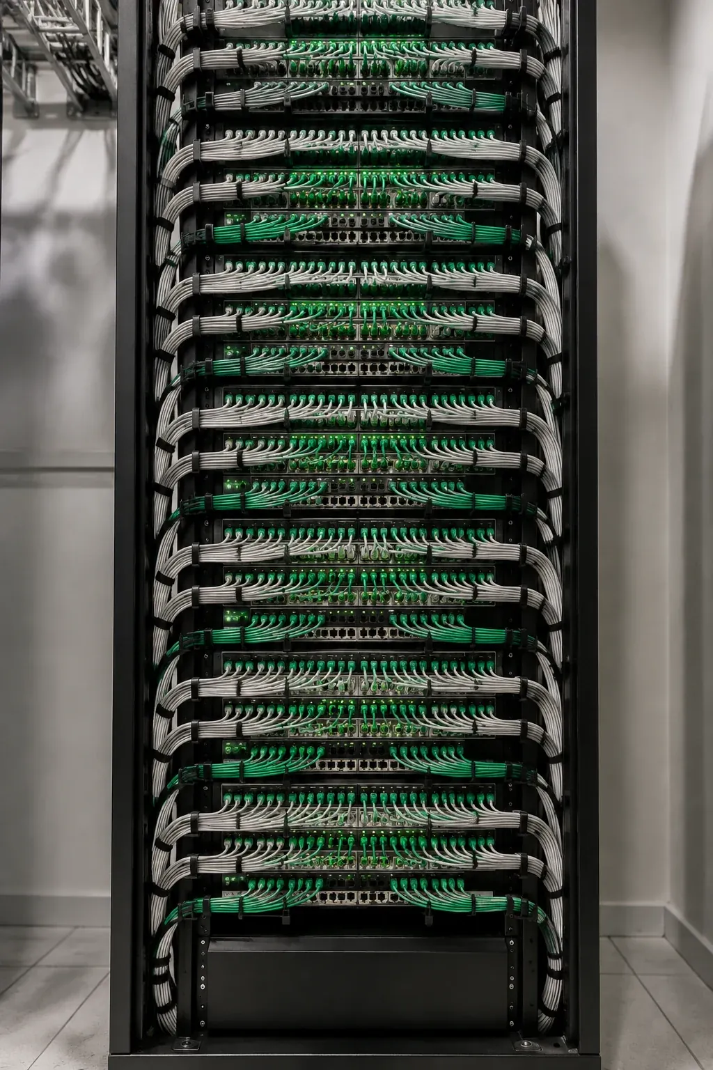 Structured cabling terminated into patch panels in an Indianapolis network rack by LED Indy