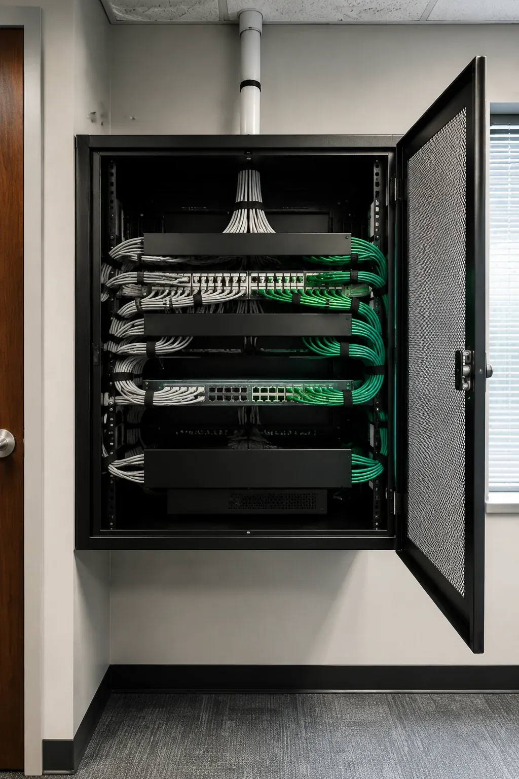 Structured cabling terminated into patch panels in an Indianapolis network rack by LED Indy