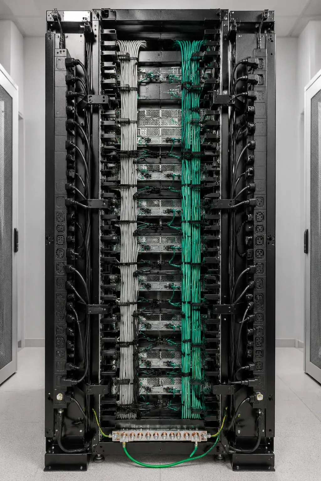 Structured cabling terminated into patch panels in an Indianapolis network rack by LED Indy